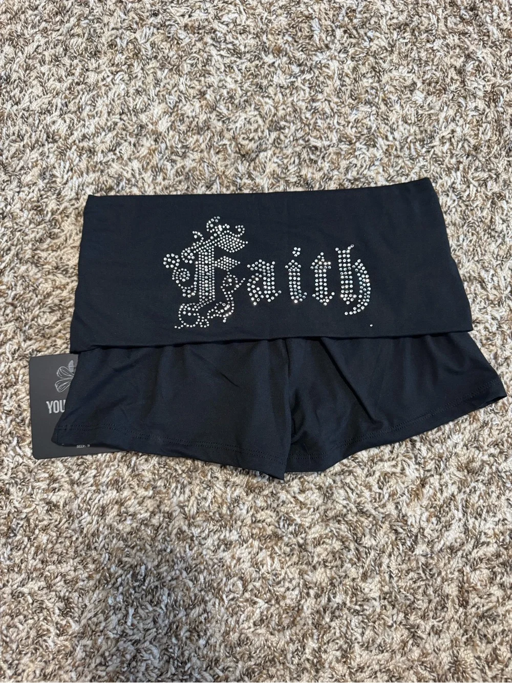 Black Women's Fold-Over Faith Shorts with Stud Detail